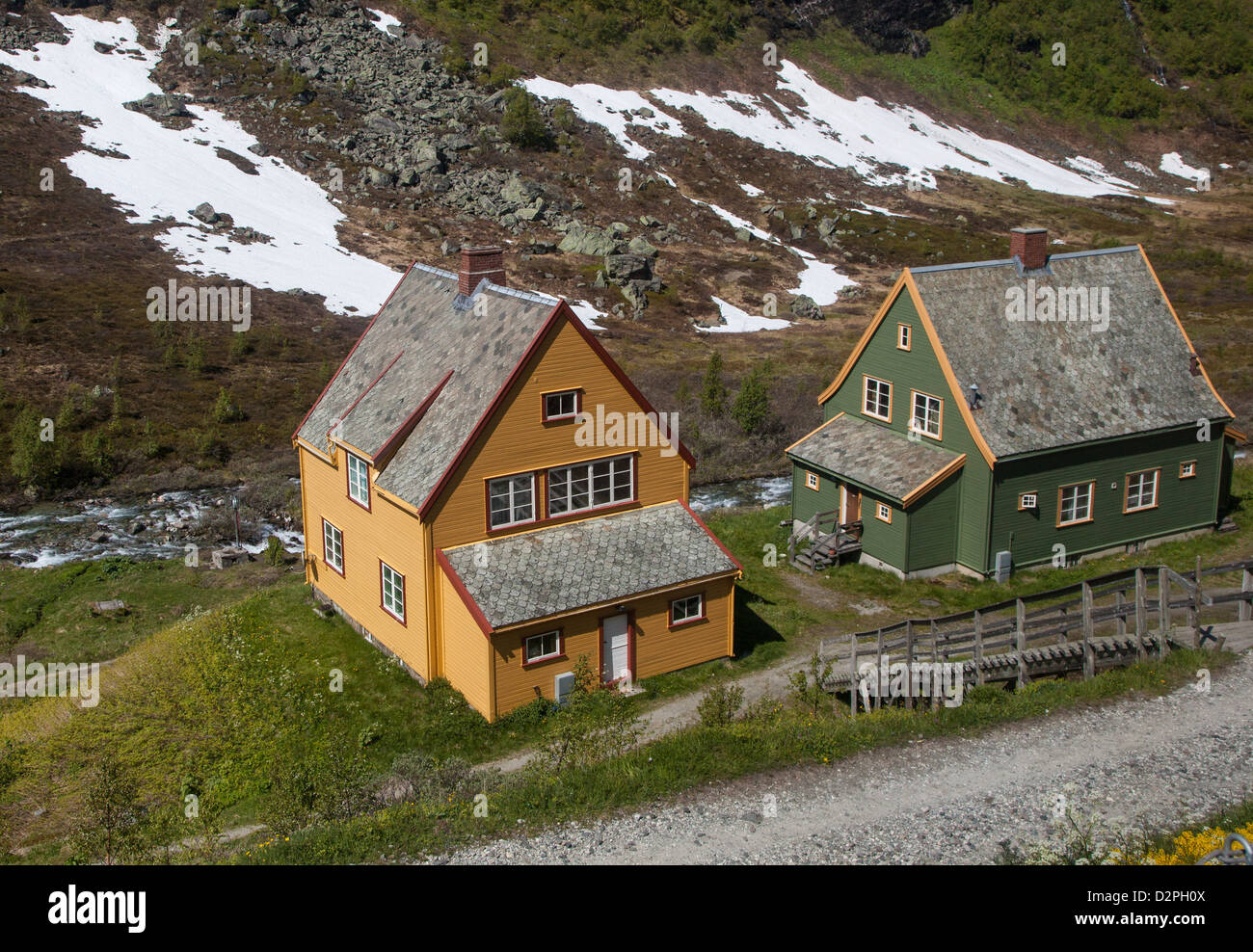 Homes near Myrdal train station on the Bergen Railway, connecting Bergen and Oslo Norway along with Flam via the Flåm Railway. Stock Photo