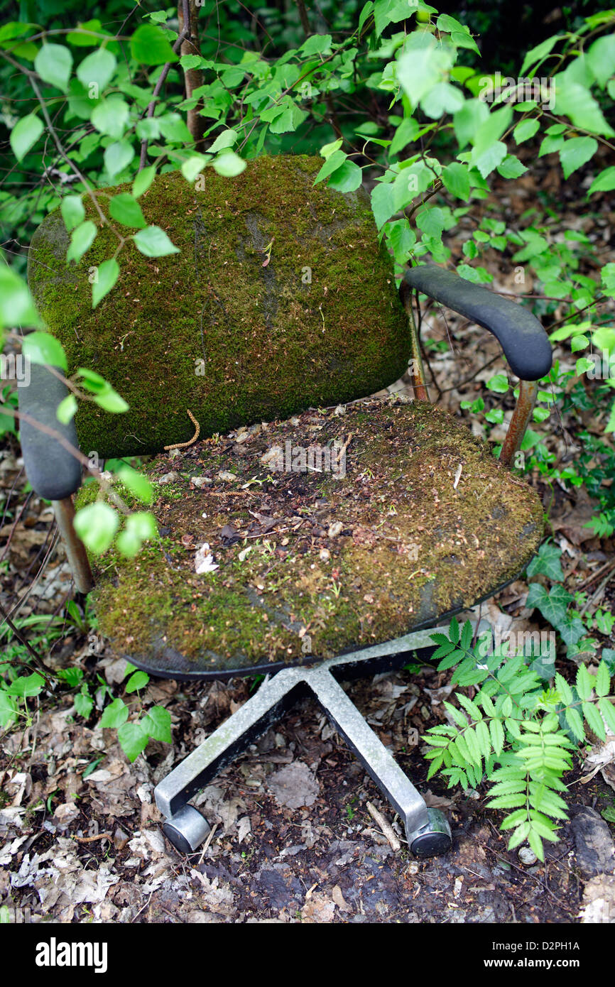 Berlin, Germany, moss-covered chair in the overgrown garden of the Iraqi Embassy Stock Photo
