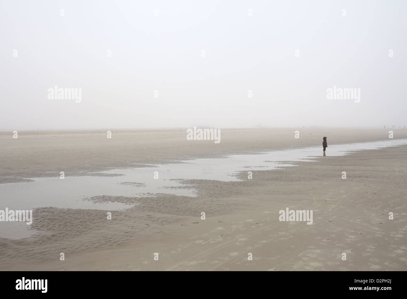 Sankt Peter-Ording, Germany, a small boy on the beach in fog Stock Photo