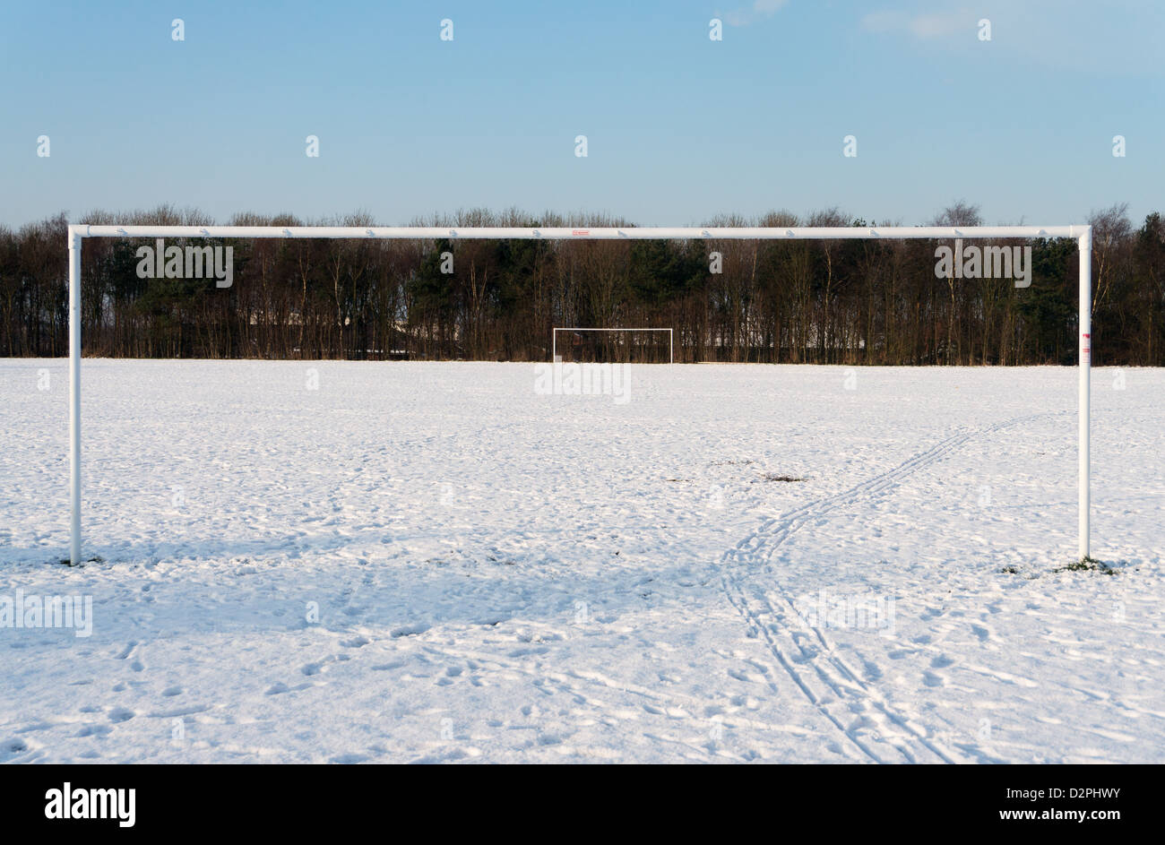 Snow covered football pitch north east England UK Stock Photo