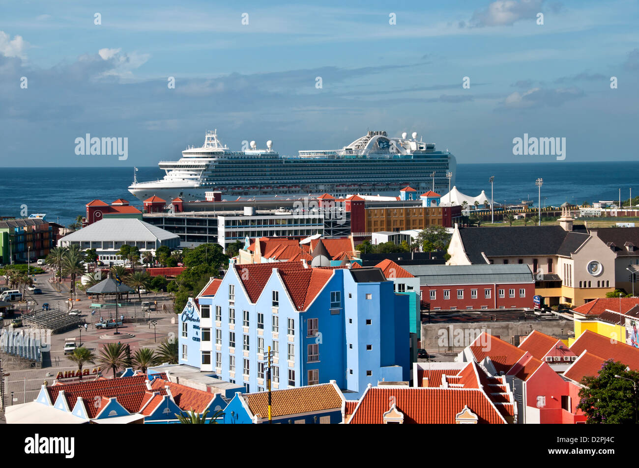 Above view of Otrobanda side of Willemstad, Curacao showing Dutch architecture and cruise ship at dock Stock Photo