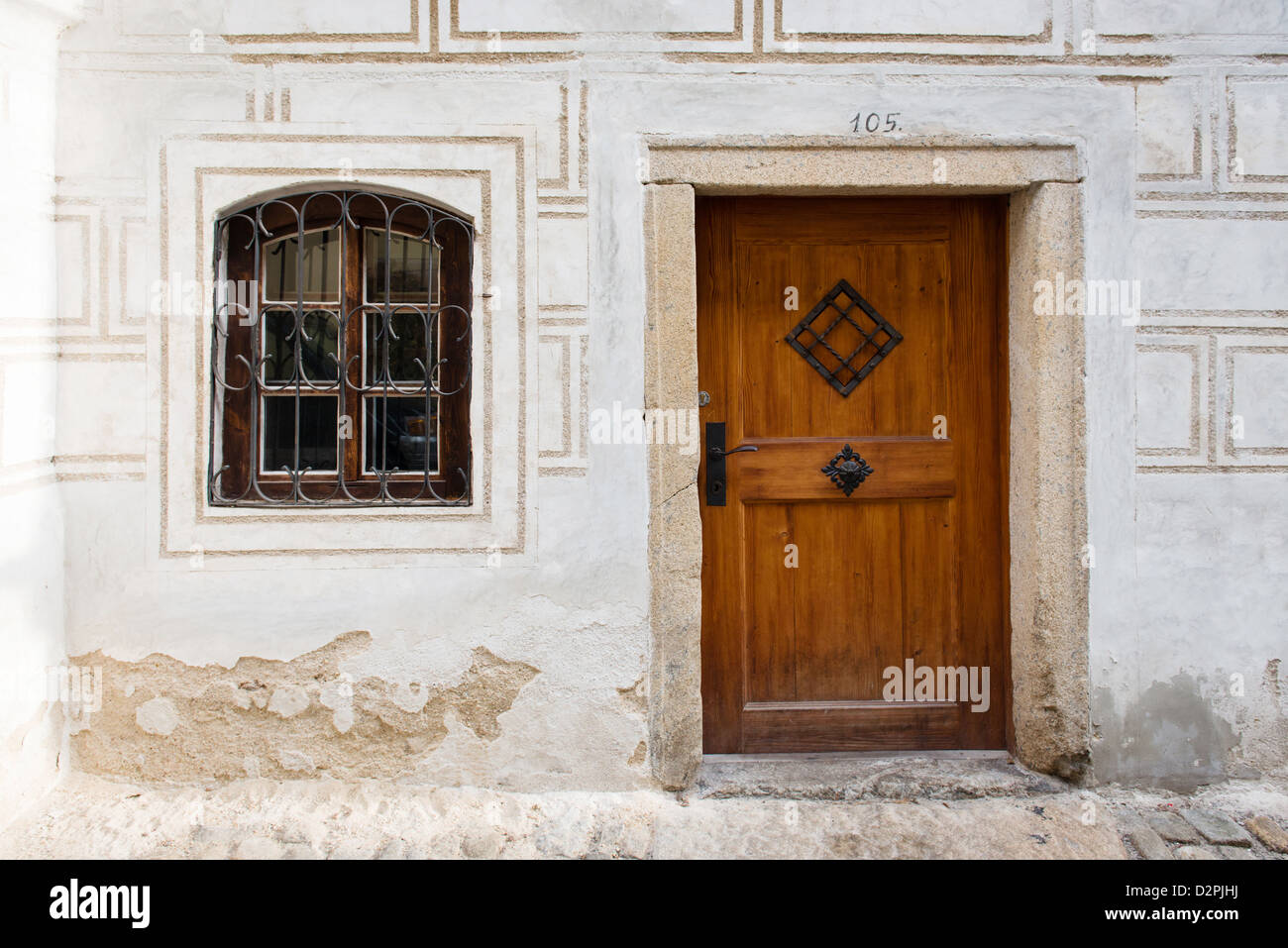facade of old wooden house with wooden door and window Stock Photo - Alamy