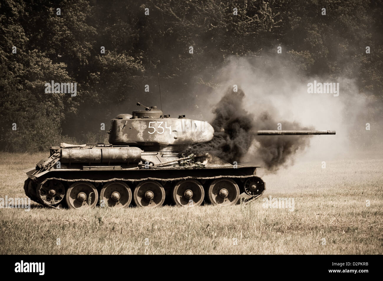 Damaged Soviet tank left on battlefield - reenactment of World War II fights near river Hron on July 7, 2009 in Tekov, Slovakia Stock Photo