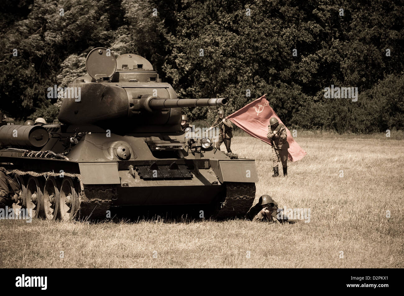 Soviet soldiers attacking enemy - reenactment of World War II fights near river Hron on July 7, 2009 in Tekov, Slovakia Stock Photo