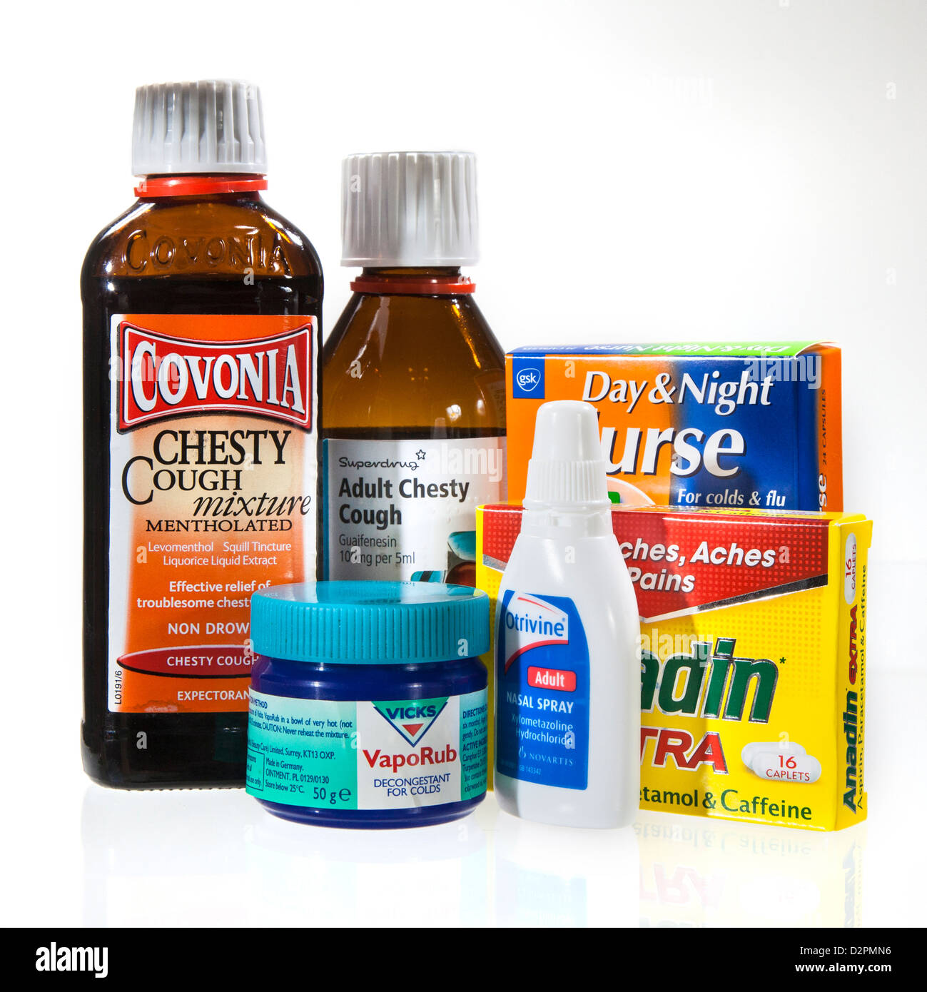 Cough, cold and flu remedies including cough mixture, nasal spray, day and night nurse, vicks and anadin Stock Photo