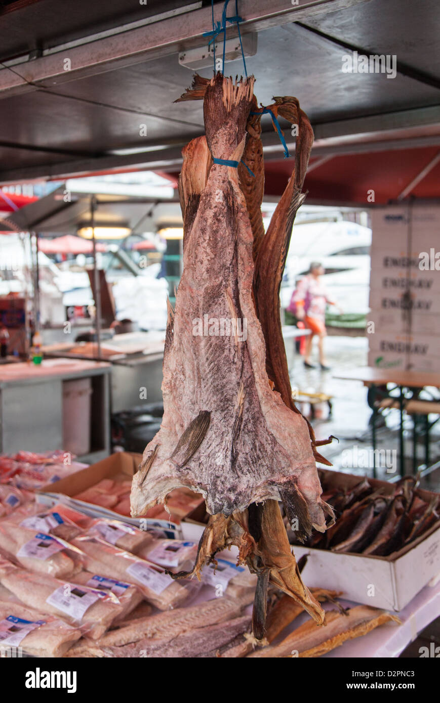 Dried fish at the Fish Market in Bergen Norway, established in 1070, is on the west coast of