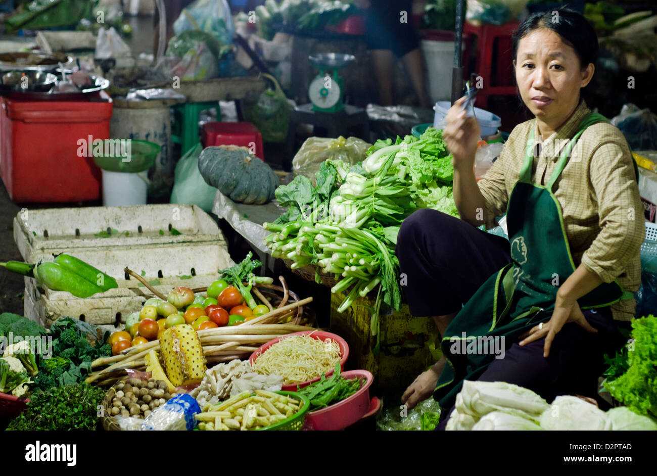 Vegetable vendor at Old Market,Phnom Phen Stock Photo