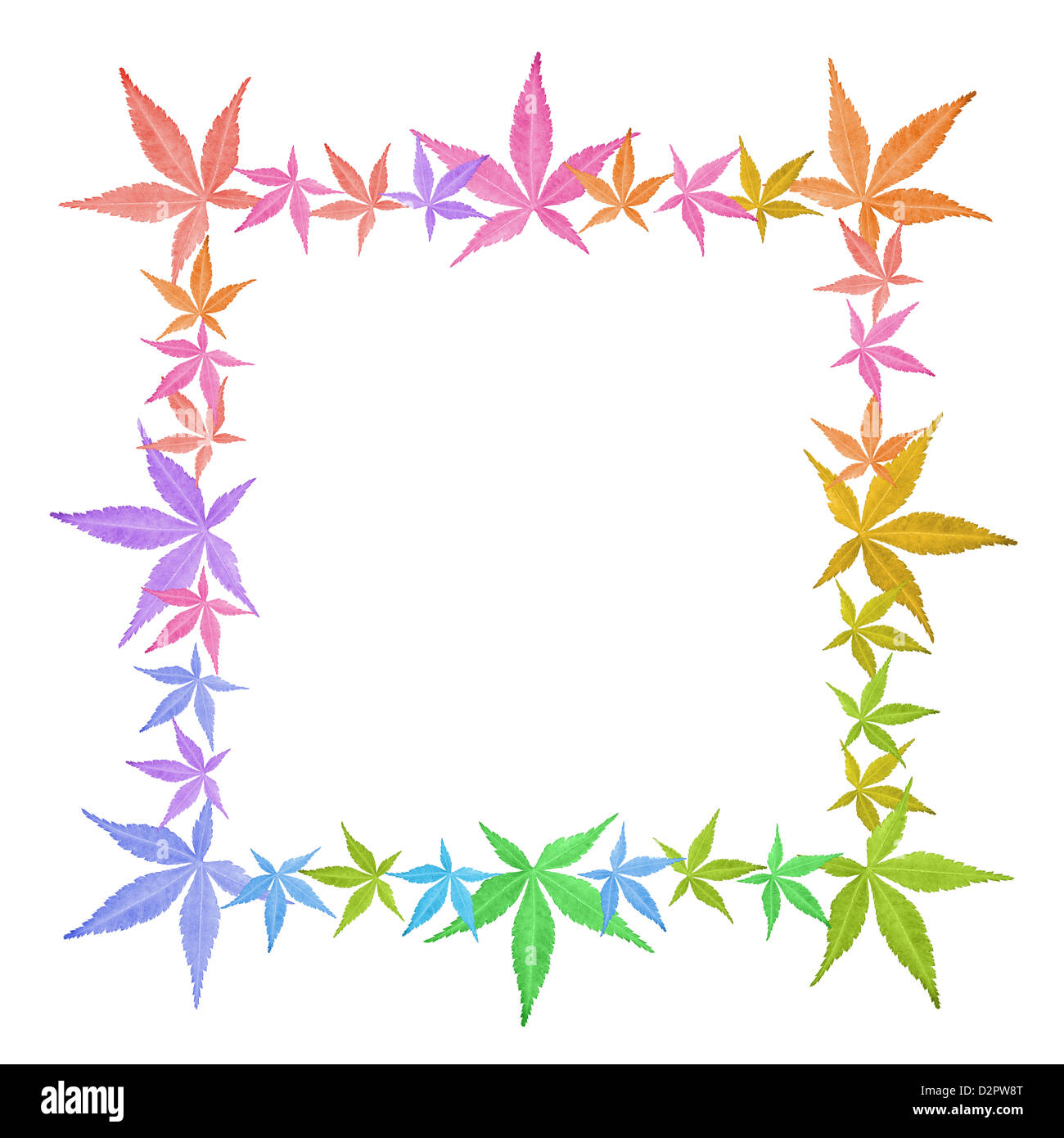 Square frame of colorful leaves isolated on white. Leaves in rainbow colors. Stock Photo