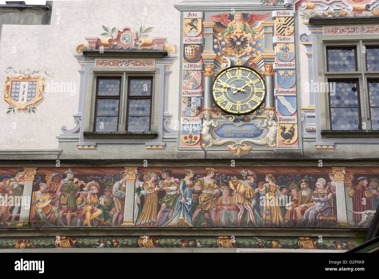 Paintings and clock on 'Altes Rathaus', Lindau, Germany Stock Photo