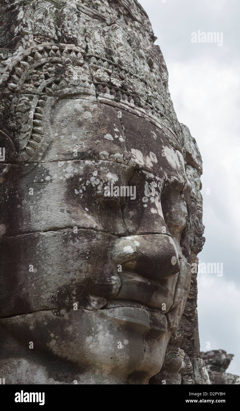A smiling face carved in stone, Bayon, Angkor, UNESCO World Heritage Site, Siem Reap, Cambodia, Indochina, Southeast Asia, Asia Stock Photo
