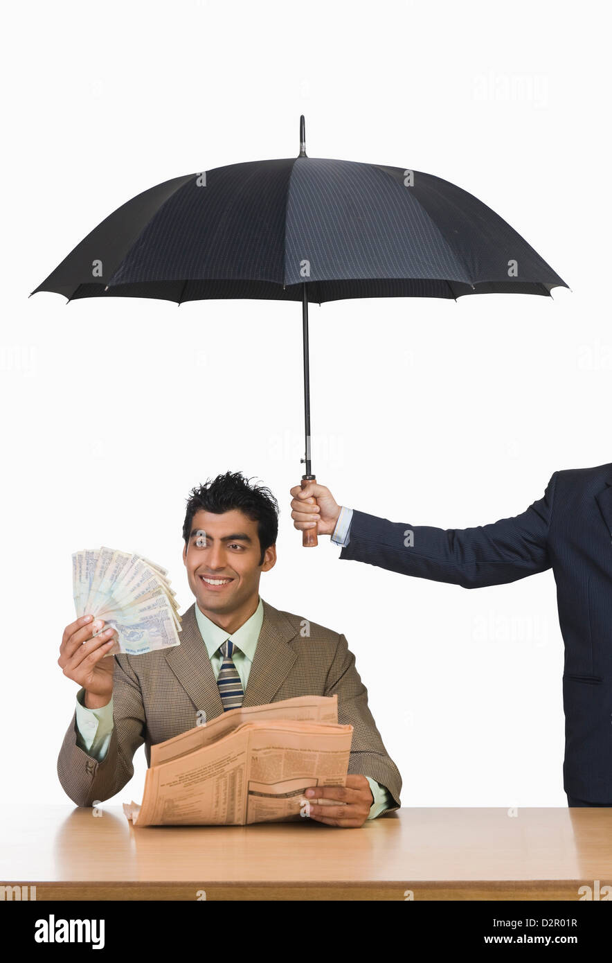 Standing smiling communication holding umbrella authority hires stock