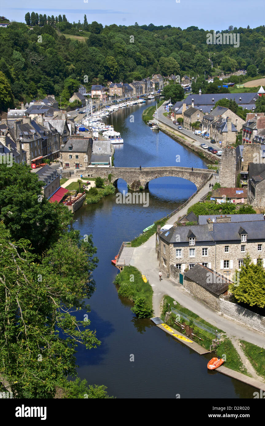 Rance River valley and Dinan harbour with the Stone Bridge, Dinan, Brittany, France, Europe Stock Photo