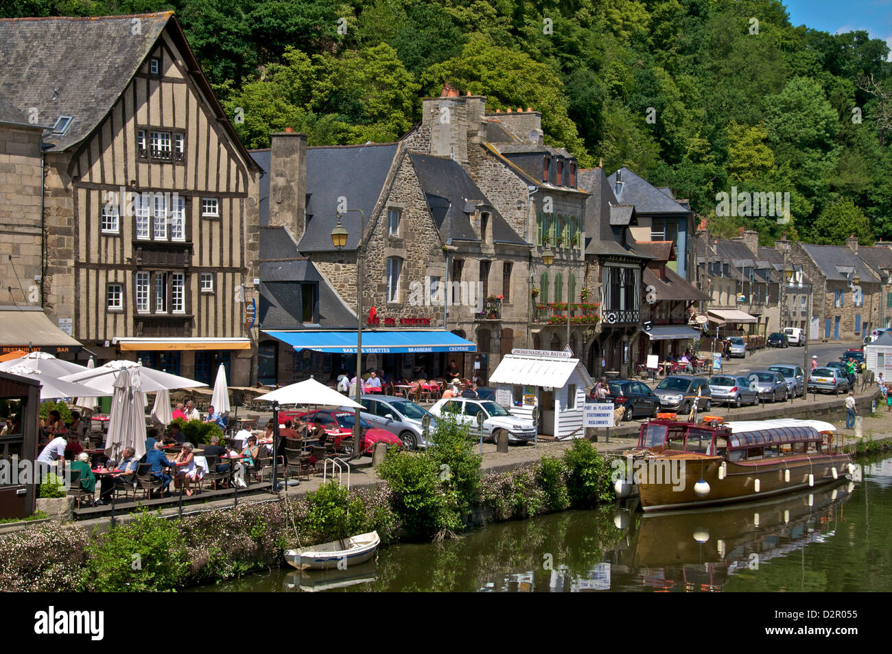 Cafes and restaurants, Dinan harbour beside the Rance River, Dinan, Brittany, France, Europe Stock Photo