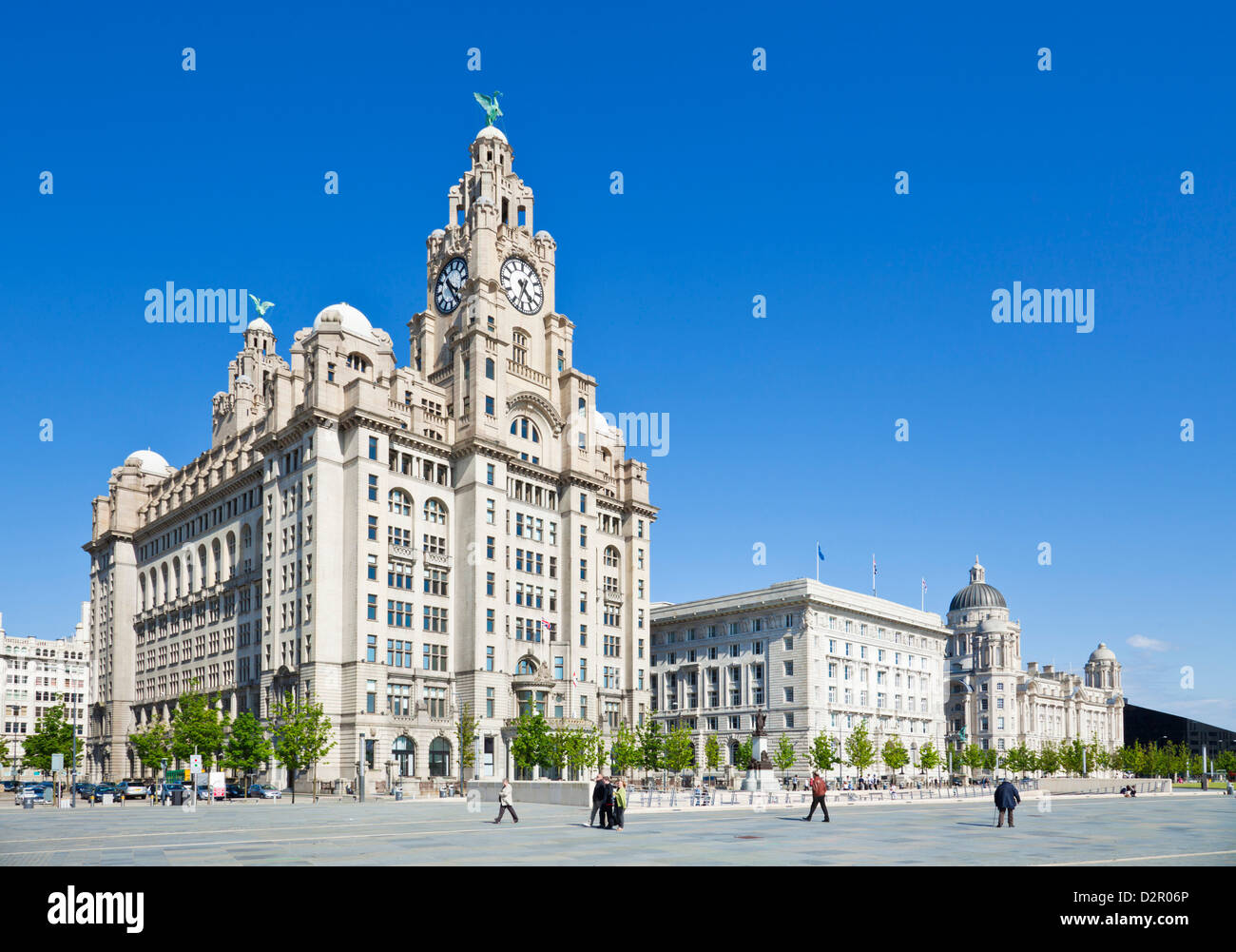 Three Graces buildings, Pierhead, Liverpool waterfront, Liverpool, Merseyside, England, UK Stock Photo