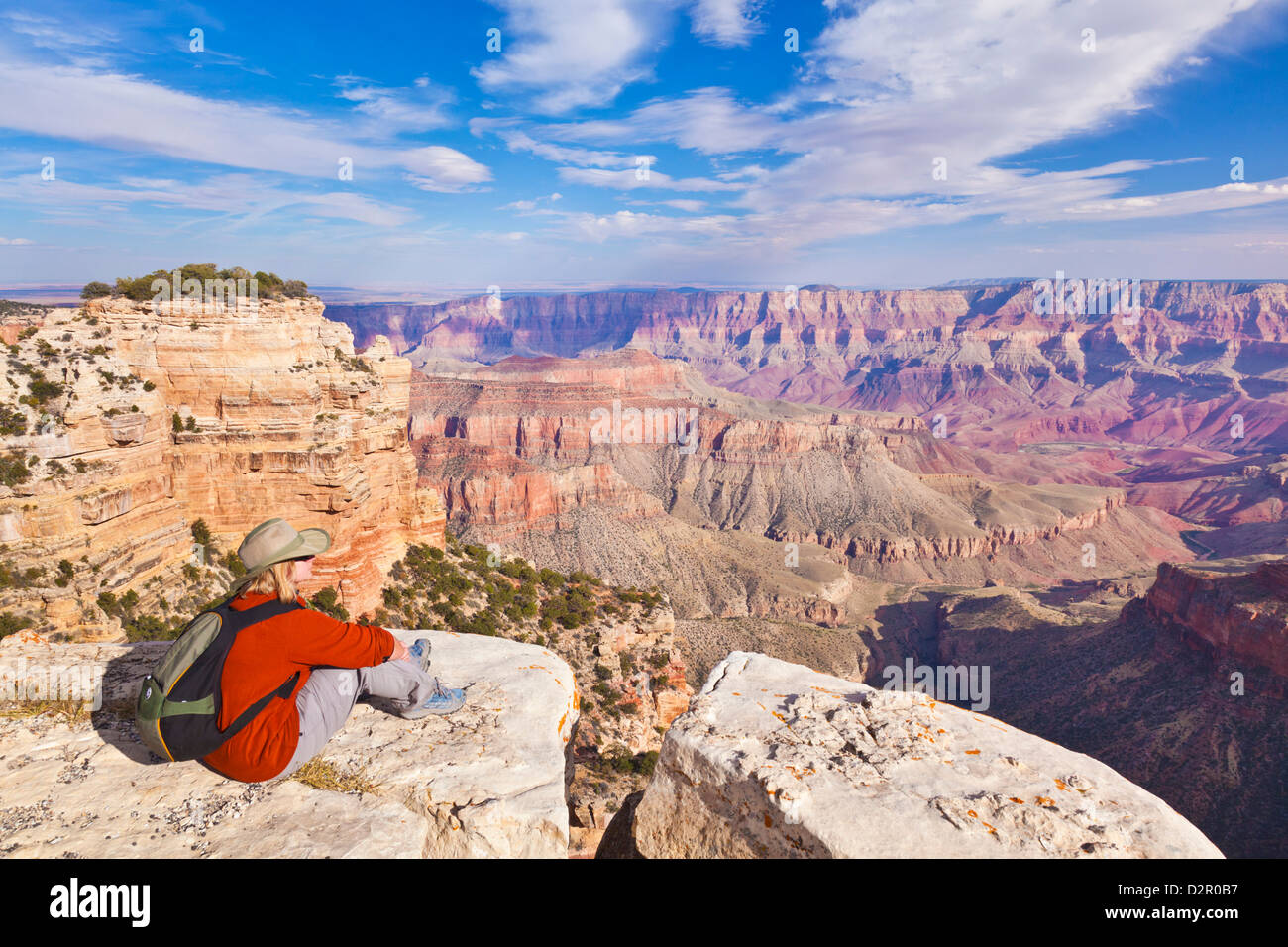 Female Tourist Hiker, Walhalla overlook, North Rim, Grand Canyon National Park, Arizona, USA Stock Photo