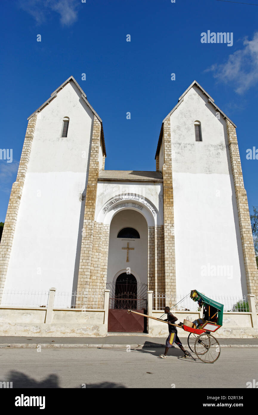 Rickshaw passing Lutheran Church, Toliara (Tulear), capital of the ...