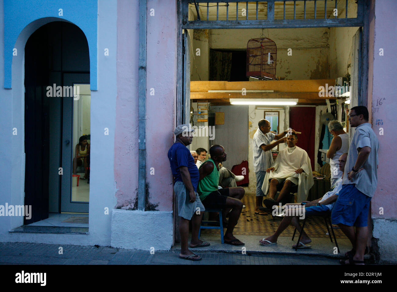 Men at a local barber's shop, Cachoeira, Bahia, Brazil, South America Stock Photo