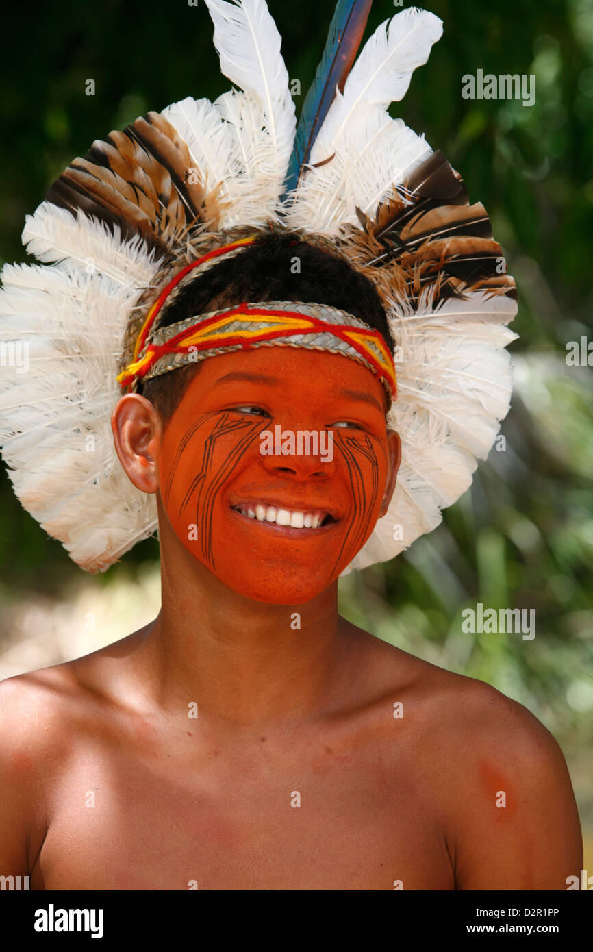 Portrait of a Pataxo Indian man at the Reserva Indigena da Jaqueira near Porto Seguro, Bahia, Brazil, South America Stock Photo