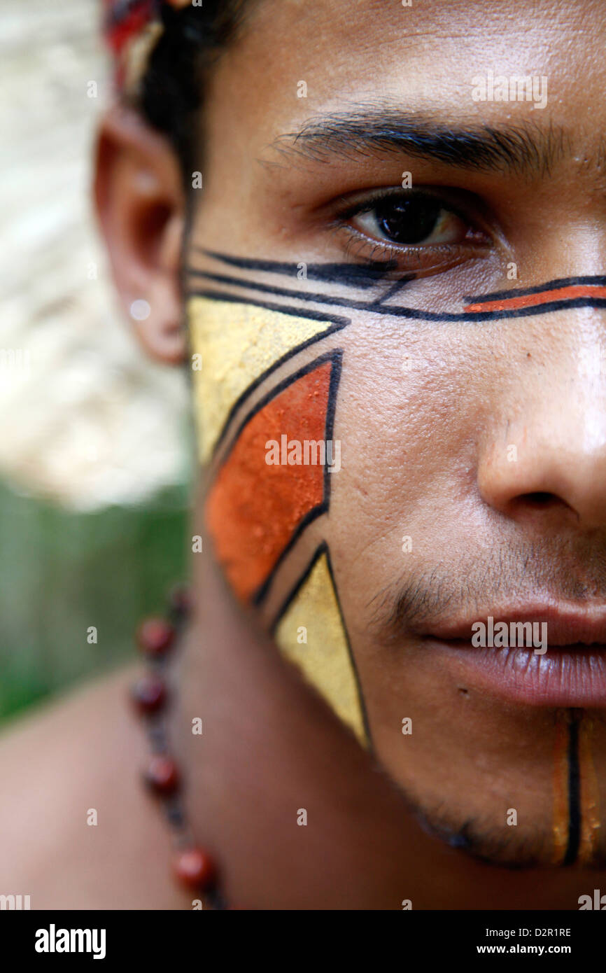 Portrait of a Pataxo Indian man at the Reserva Indigena da Jaqueira near Porto Seguro, Bahia, Brazil, South America Stock Photo
