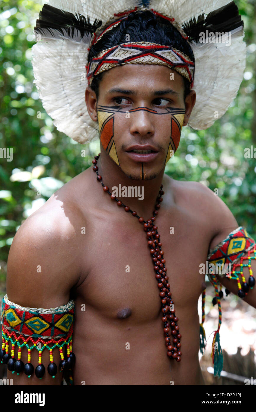 Portrait of a Pataxo Indian man at the Reserva Indigena da Jaqueira near Porto Seguro, Bahia, Brazil, South America Stock Photo