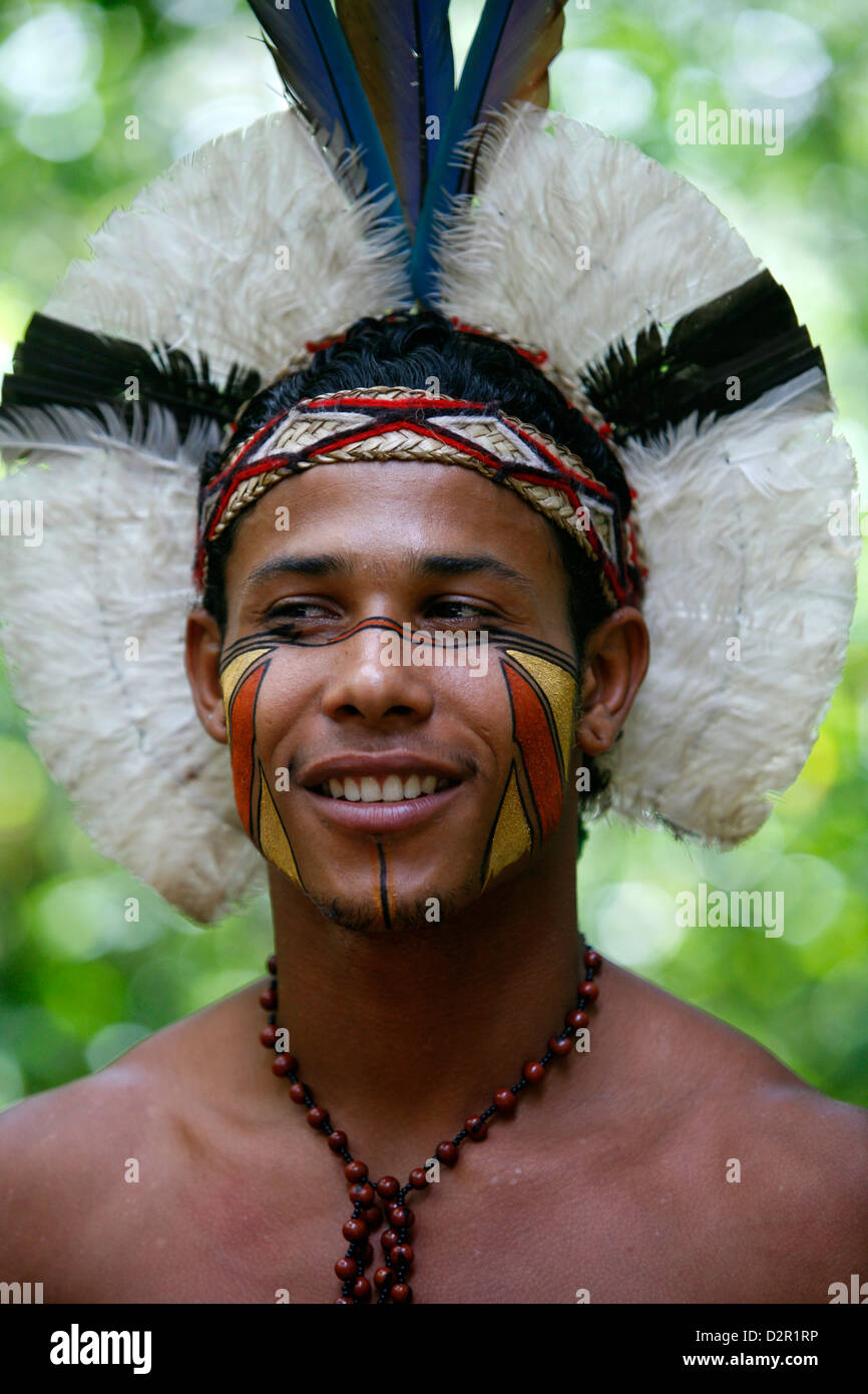 Portrait of a Pataxo Indian man at the Reserva Indigena da Jaqueira near Porto Seguro, Bahia, Brazil, South America Stock Photo