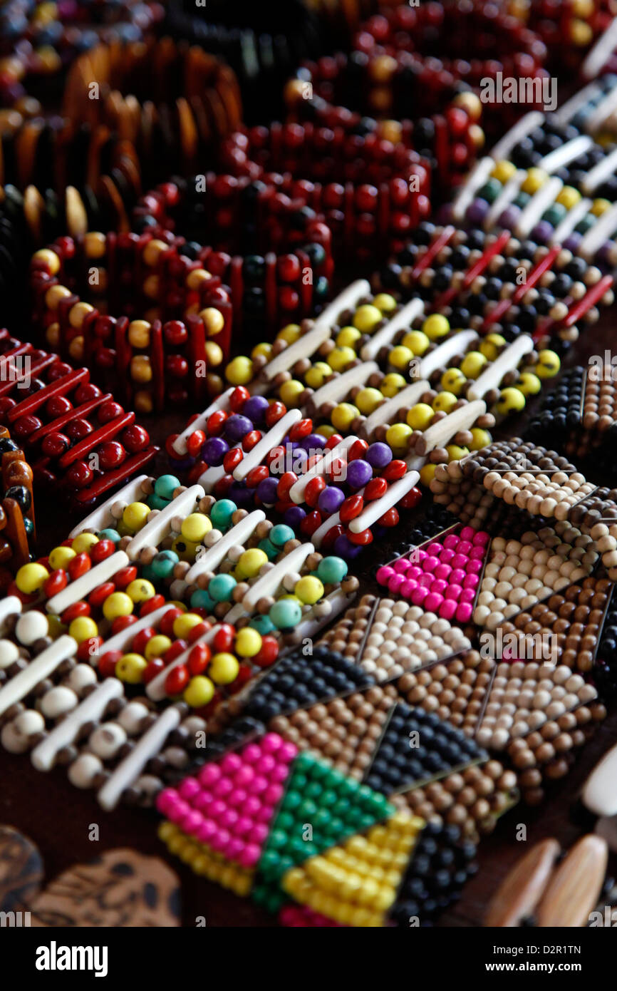 Crafts for sale at the shop of the Pataxo Indian people at the Reserva Indigena da Jaqueira near Porto Seguro, Bahia, Brazil Stock Photo