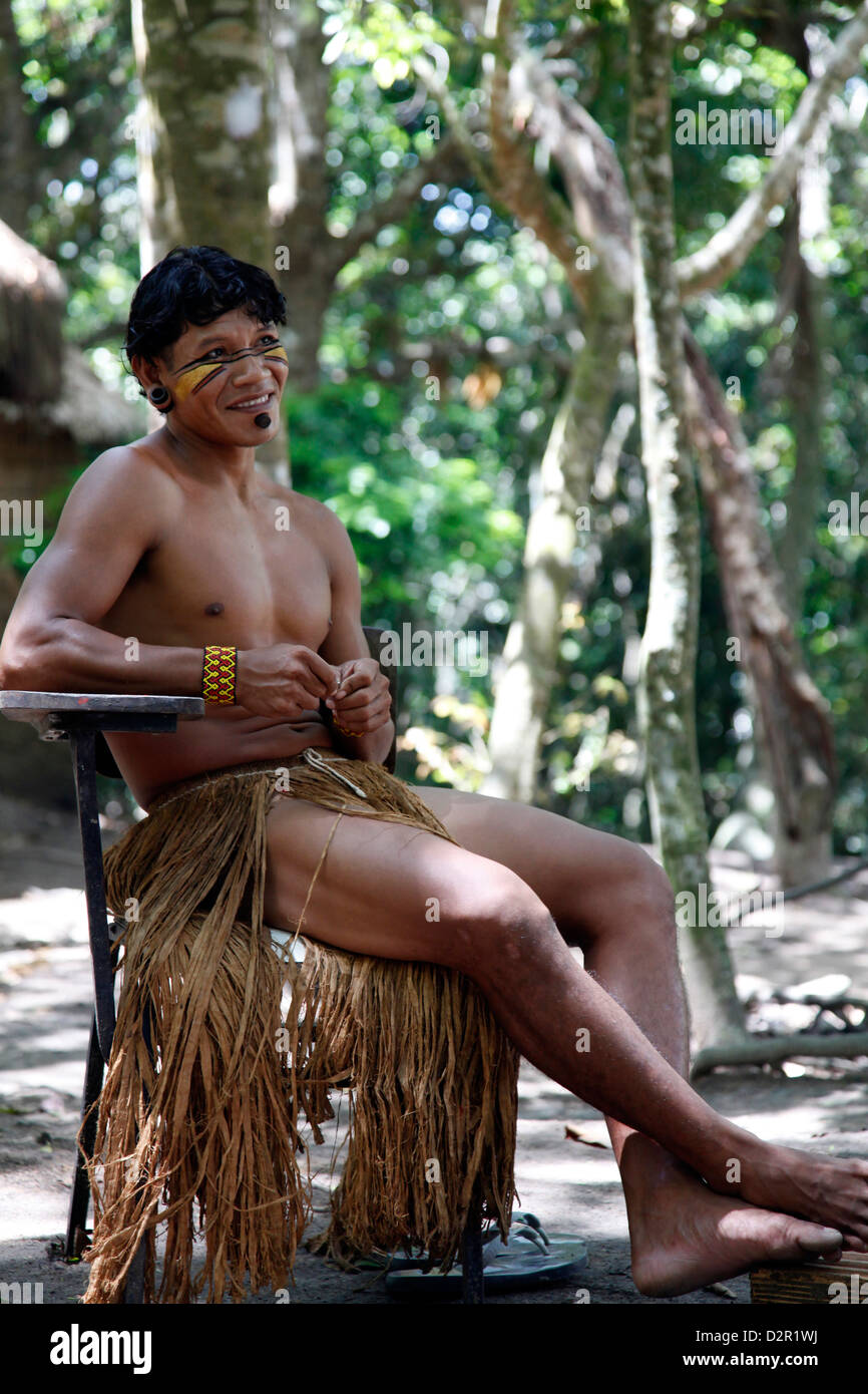 Portrait of a Pataxo Indian man at the Reserva Indigena da Jaqueira near Porto Seguro, Bahia, Brazil, South America Stock Photo