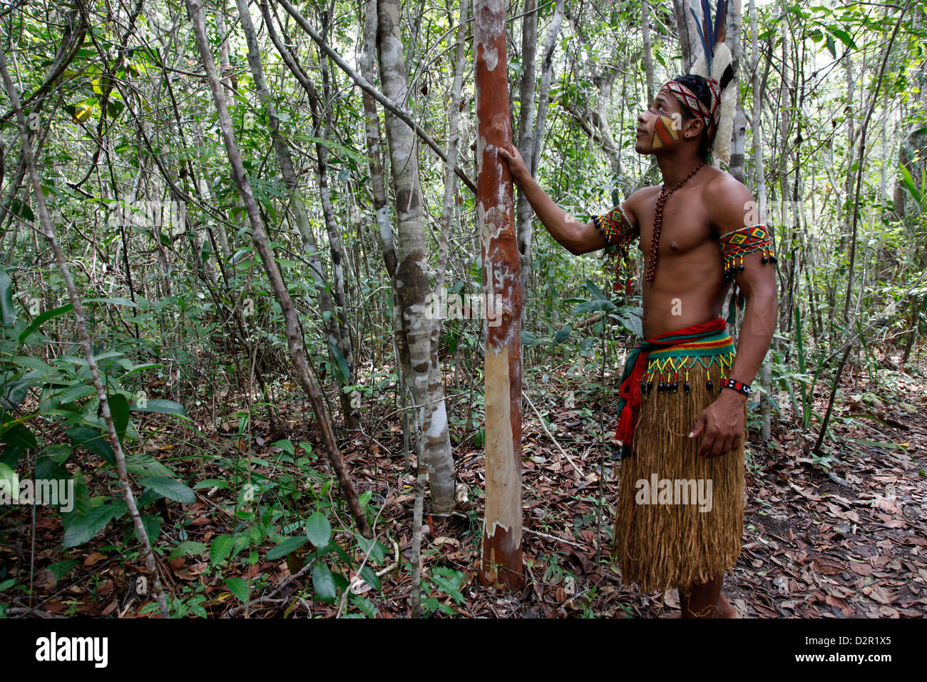 Pataxo Indian man walking at the Reserva Indigena da Jaqueira near Porto Seguro, Bahia, Brazil, South America Stock Photo