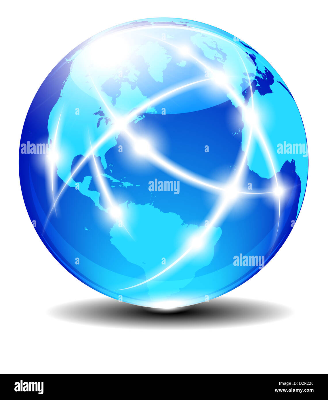 North, South America, Europe, Africa Global Communication Planet - Communication across the world with light lines connected Stock Photo