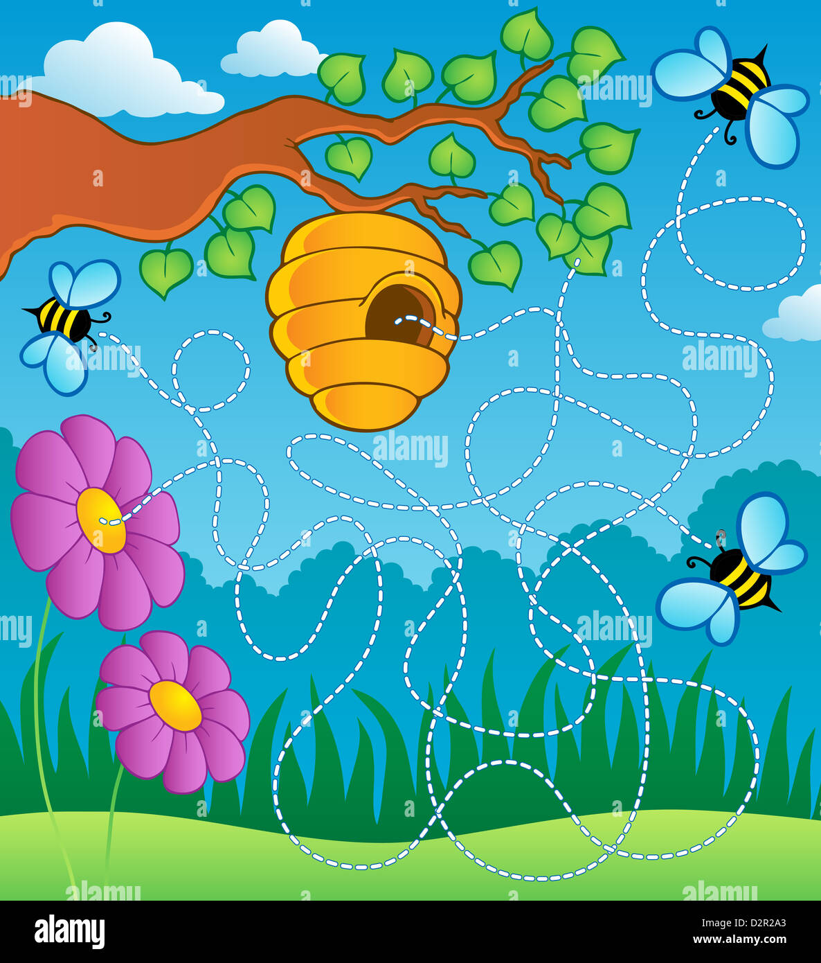 Bee theme maze - picture illustration Stock Photo - Alamy