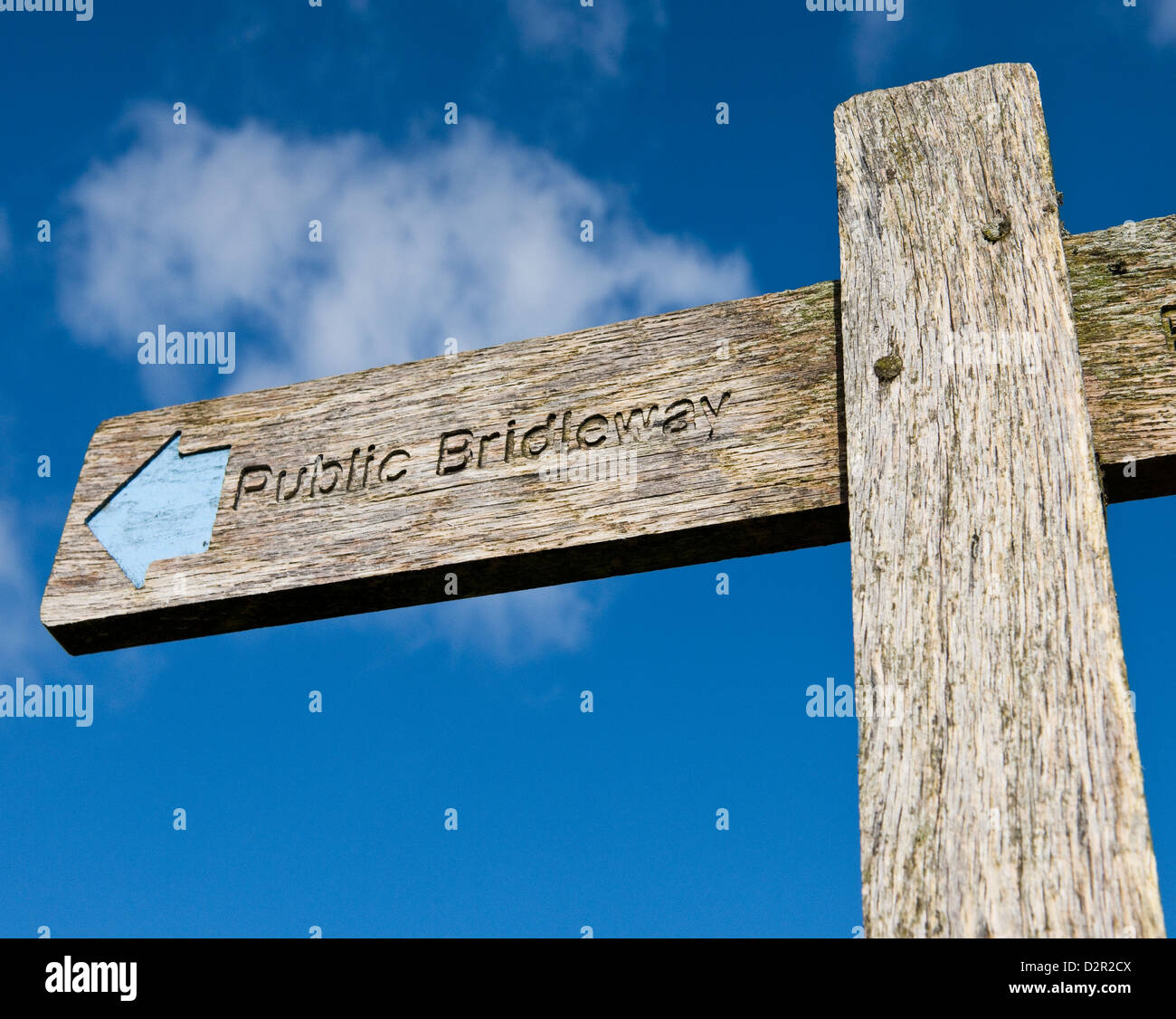 Signpost on the South Downs showing the direction of a Public Bridleway with blue sky and white clouds in the background Stock Photo