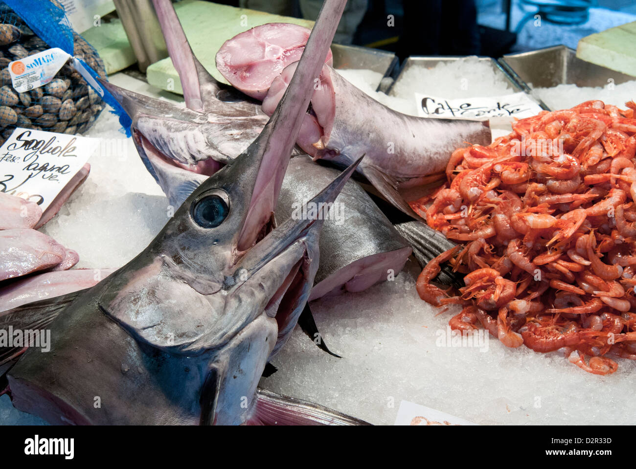 Fish market at Ponte di Rialto, Venice, Veneto, Italy, Europe Stock Photo