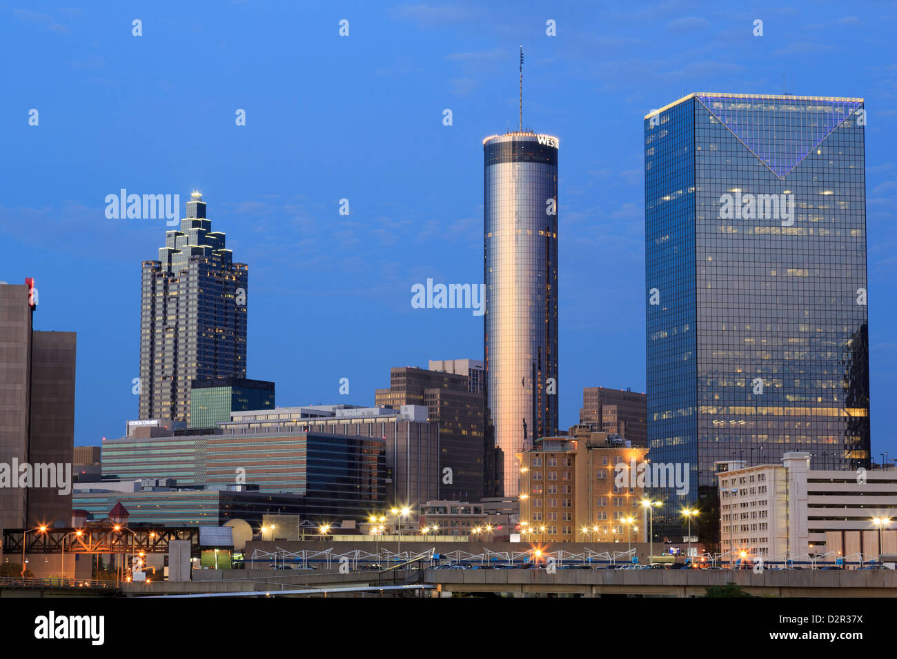 City skyline at dusk, Atlanta, Georgia, United States of America, North America Stock Photo