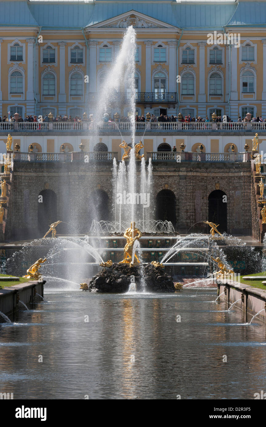 Golden statues and fountains of the Grand Cascade at Peterhof Palace, St. Petersburg, Russia, Europe Stock Photo
