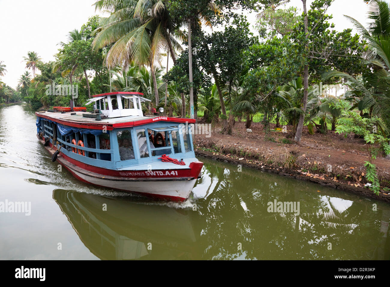 Ferry boat travelling on the Kerala Backwaters, Kerala, India, Asia
