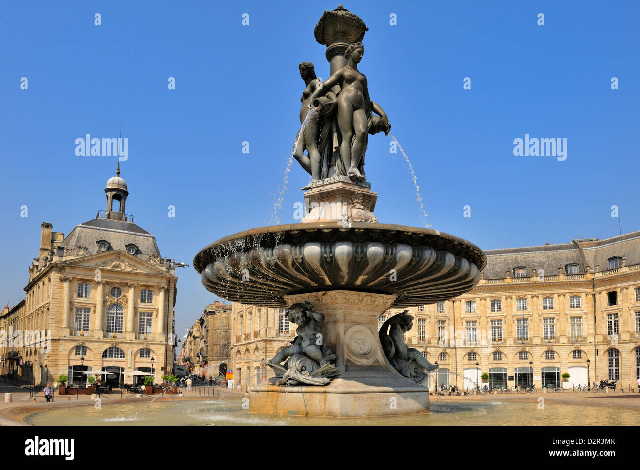 Three Graces Fountain, Place de la Bourse, Bordeaux, UNESCO World Heritage Site, Gironde, Aquitaine, France, Europe Stock Photo