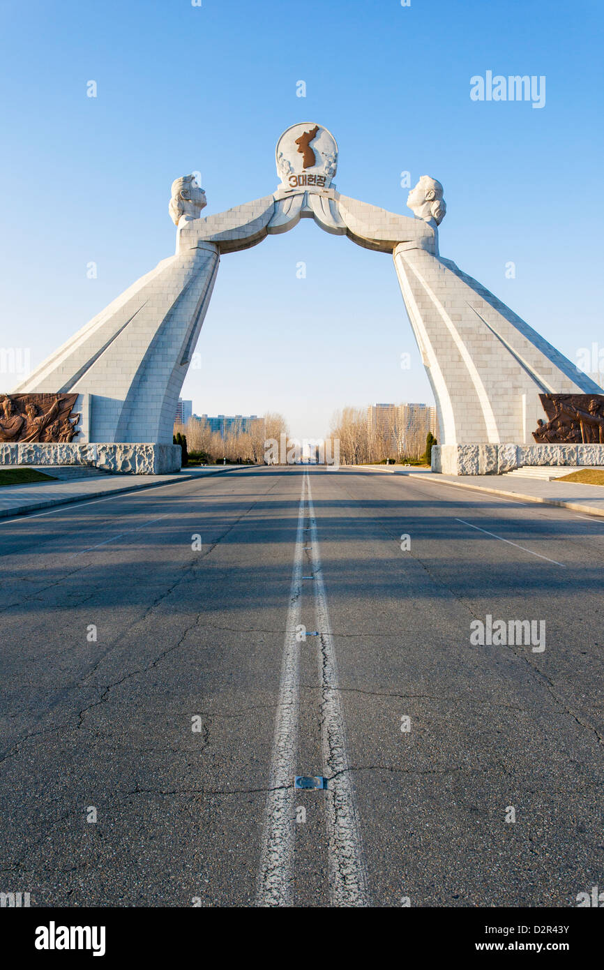 Monument to the Three Charters of National Reunification, Pyongyang, North Korea Stock Photo