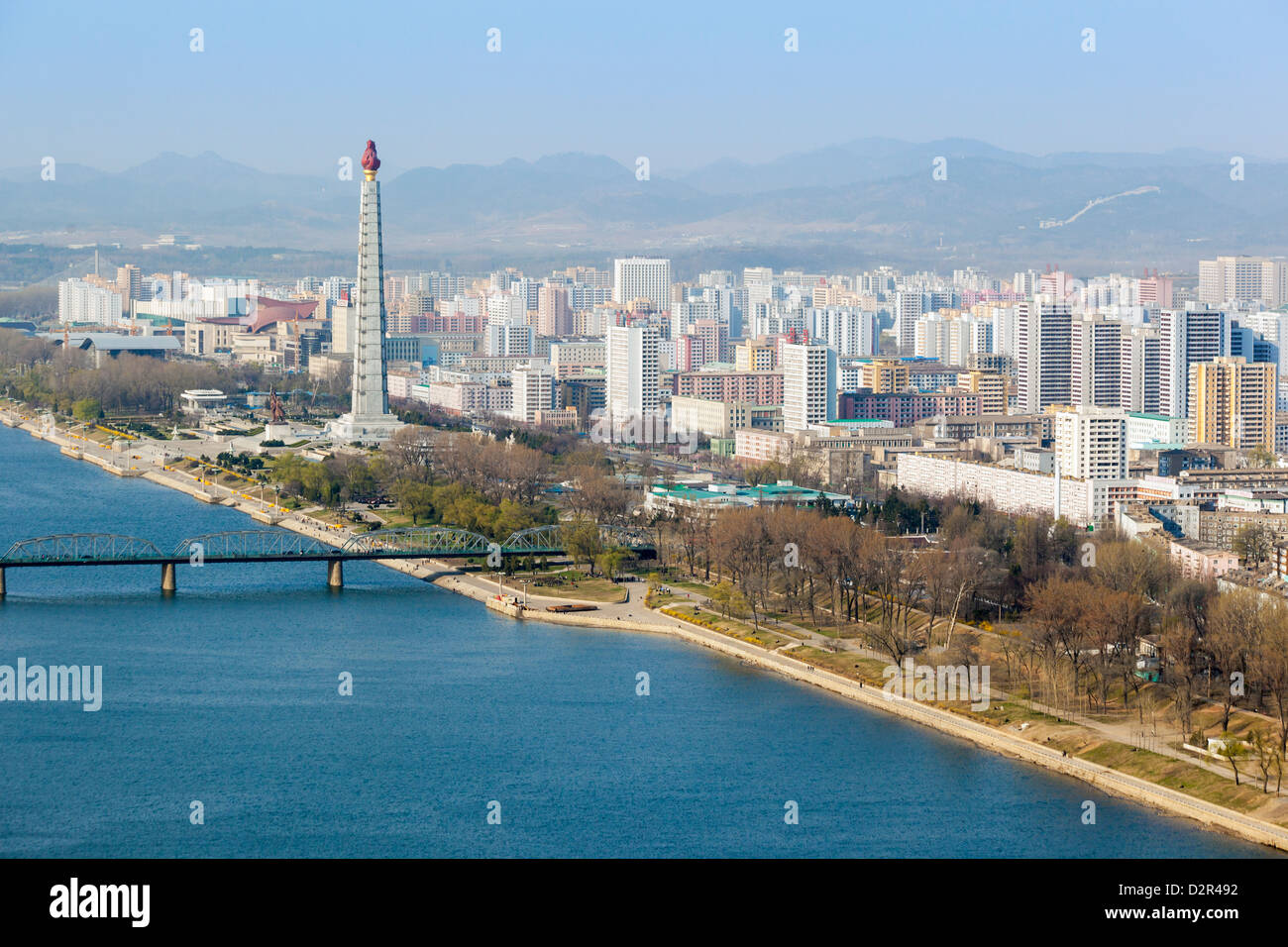 City skyline and the Juche Tower, Pyongyang, Democratic People's Republic of Korea (DPRK), North Korea, Asia Stock Photo