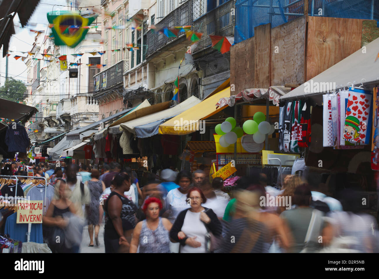 People walking along pedestrianised street of Saara district, Centro, Rio de Janeiro, Brazil, South America Stock Photo