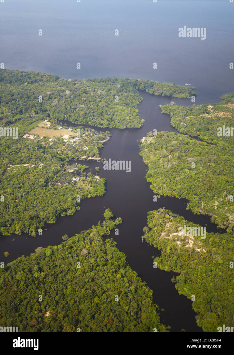 Aerial view of Amazon rainforest and the Rio Negro, Manaus, Amazonas, Brazil, South America Stock Photo