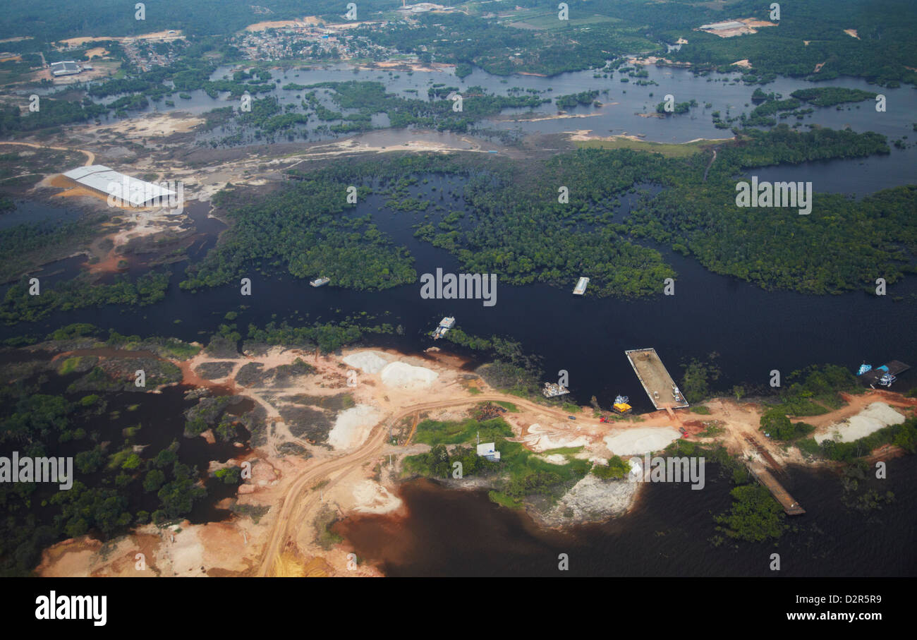 Aerial view of Amazon rainforest cleared for industry along the Rio Negro, Manaus, Amazonas, Brazil, South America Stock Photo