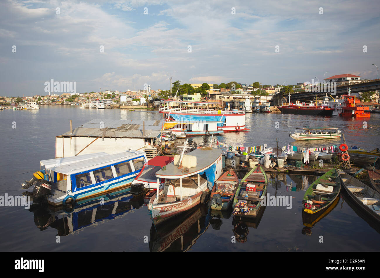 Boats moored at port, Manaus, Amazonas, Brazil, South America Stock Photo