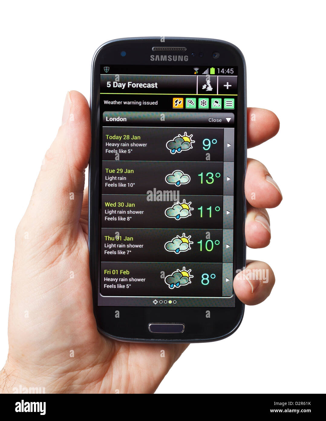 Weather app on a smartphone mobile phone smart phone Stock Photo