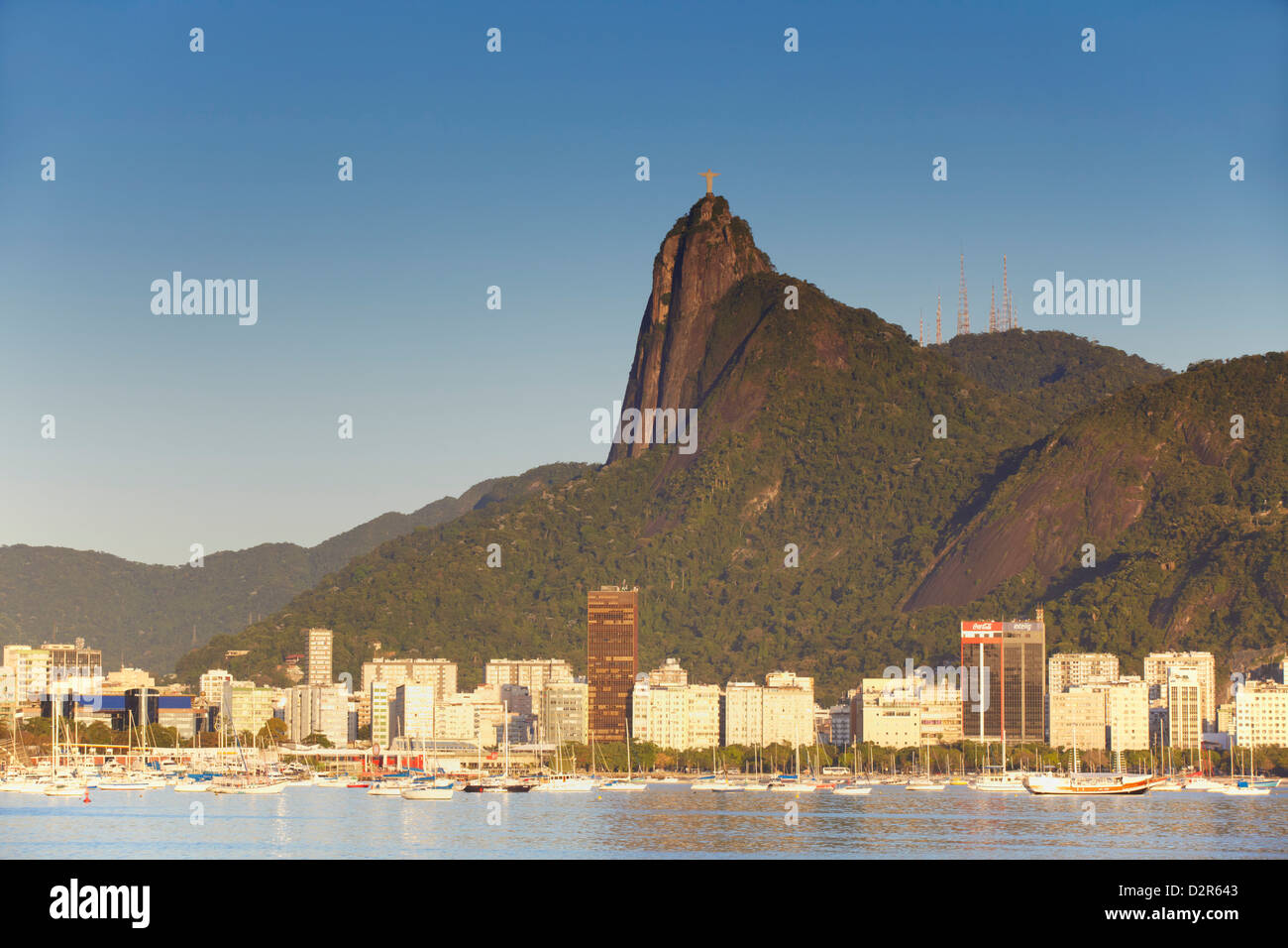 Christ the Redeemer statue atop Corvocado and Botafogo Bay, Rio de Janeiro, Brazil, South America Stock Photo