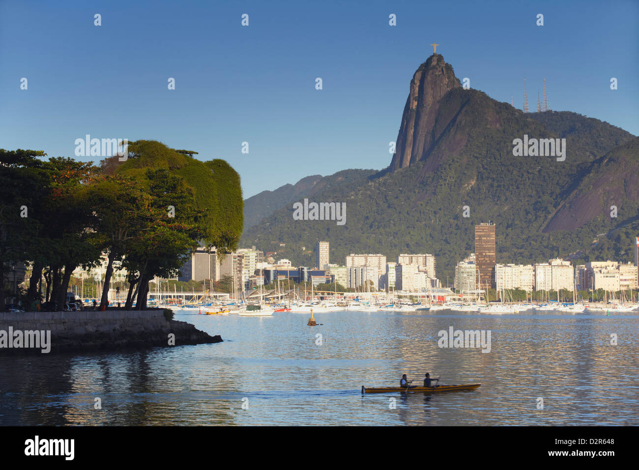 Christ the Redeemer statue atop Corvocado and Botafogo Bay, Rio de Janeiro, Brazil, South America Stock Photo