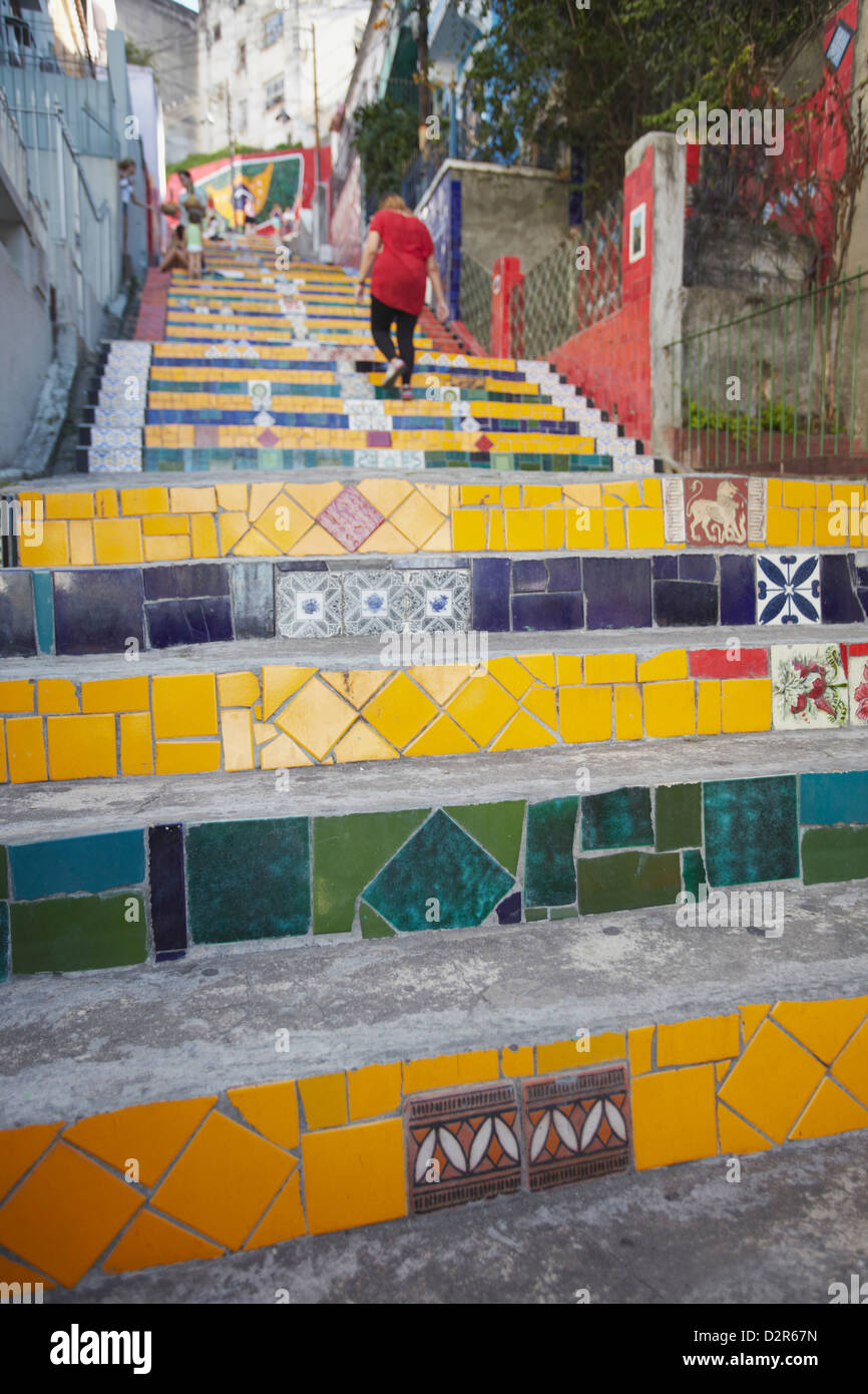 People on Selaron Steps (Escadaria Selaron), Lapa, Rio de Janeiro, Brazil, South America Stock Photo