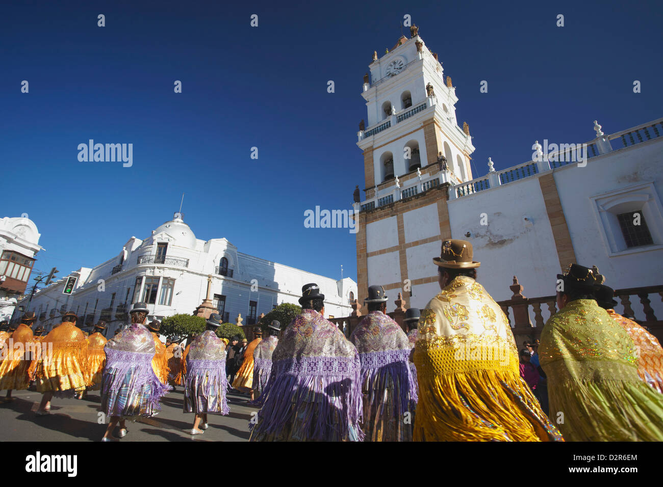 Women dancing in festival in Plaza 25 de Mayo, Sucre, UNESCO World Heritage Site, Bolivia, South America Stock Photo