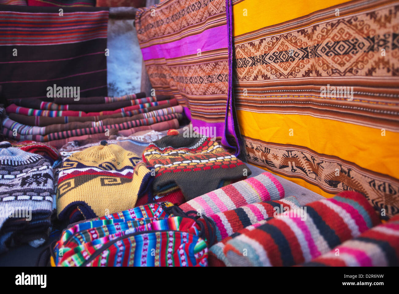 Colourful hats and blankets at market, Sucre, UNESCO World Heritage Site, Bolivia, South America Stock Photo