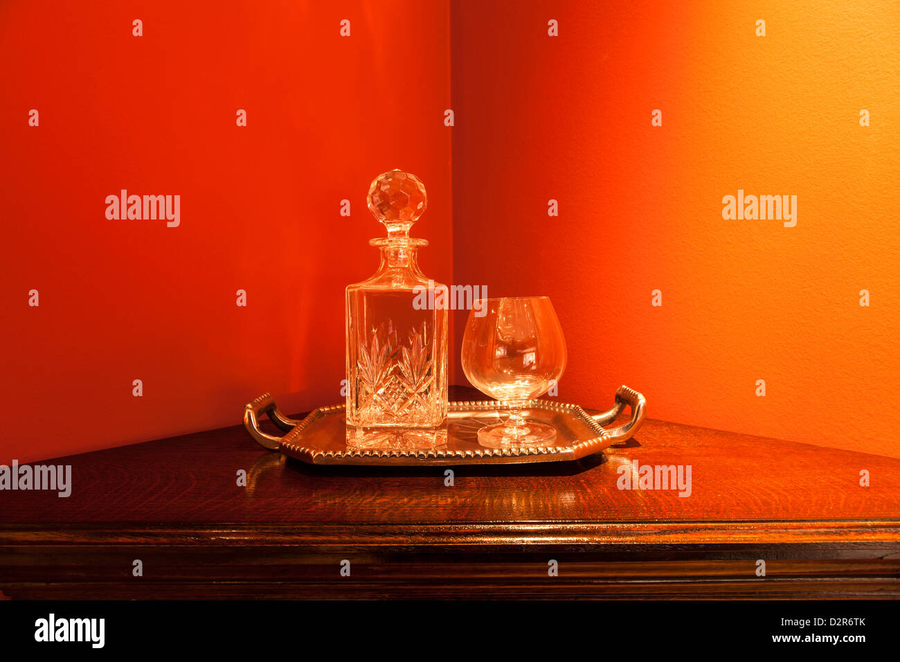 Brandy Glass and Decanter on Silver Tray Stock Photo Alamy