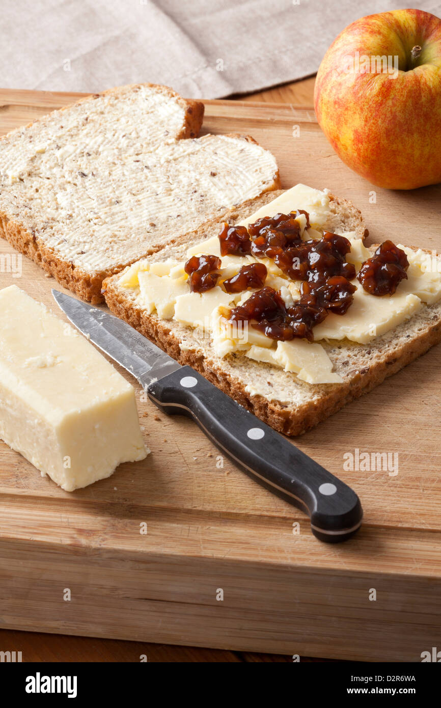Cheese and Branston Pickle sandwich Stock Photo